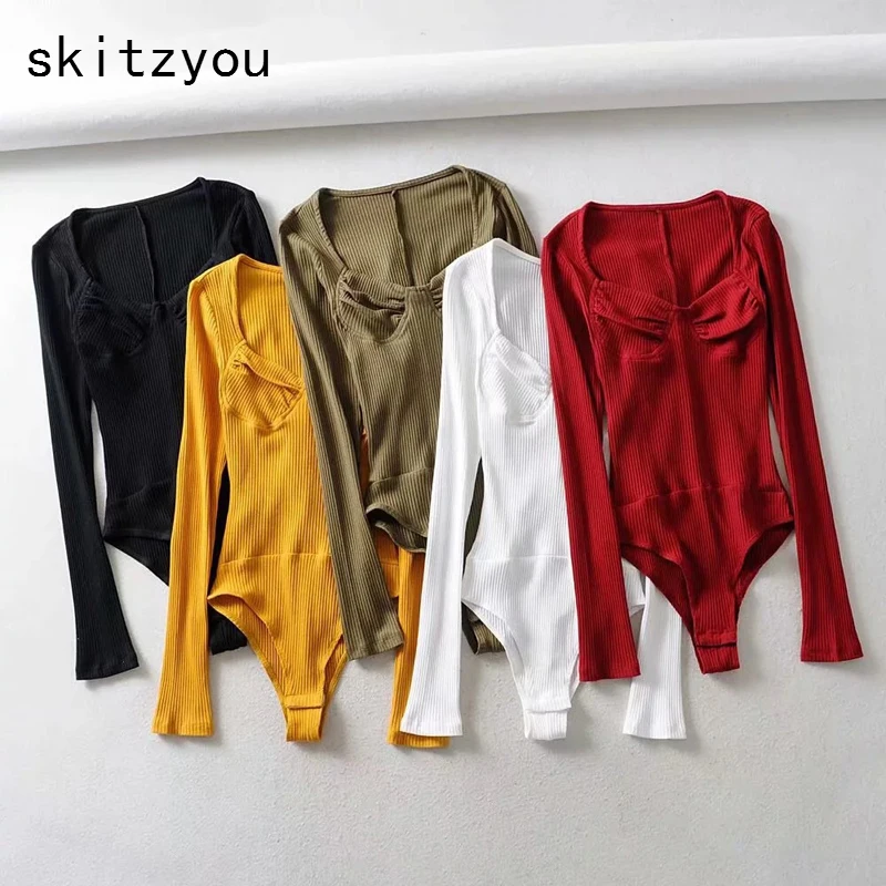 Женский комбинезон skitzyou белый облегающий боди с длинным рукавом треугольным