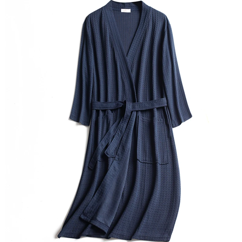 Autumn Spring New Men Robe Gown Casual Waffle Kimono Bathrobe Male Daily Spa Home Clothes Three Quarter Sleeve Sleepwear M-XXXL