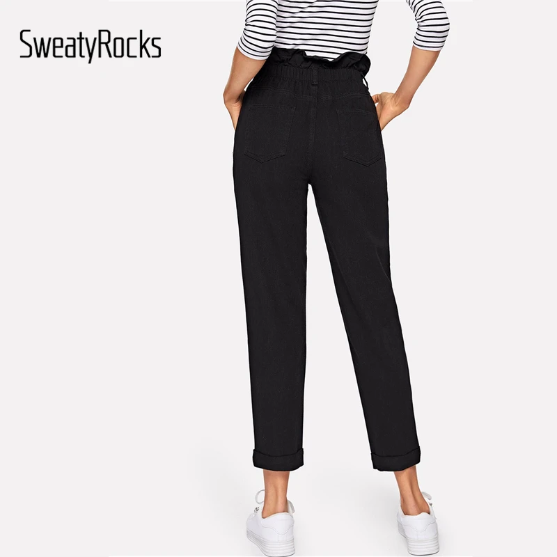 Джинсы SweatyRocks Paperbag с наклонными карманами на талии, уличная одежда, Женские однотонные джинсовые штаны с высокой талией и пуговицами, весенние черные джинсы