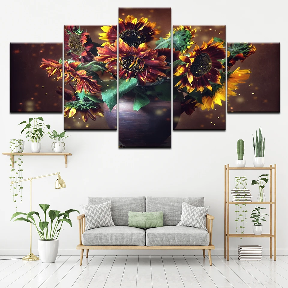Абстрактная картина из подсолнухов и растений на холсте настенное искусство