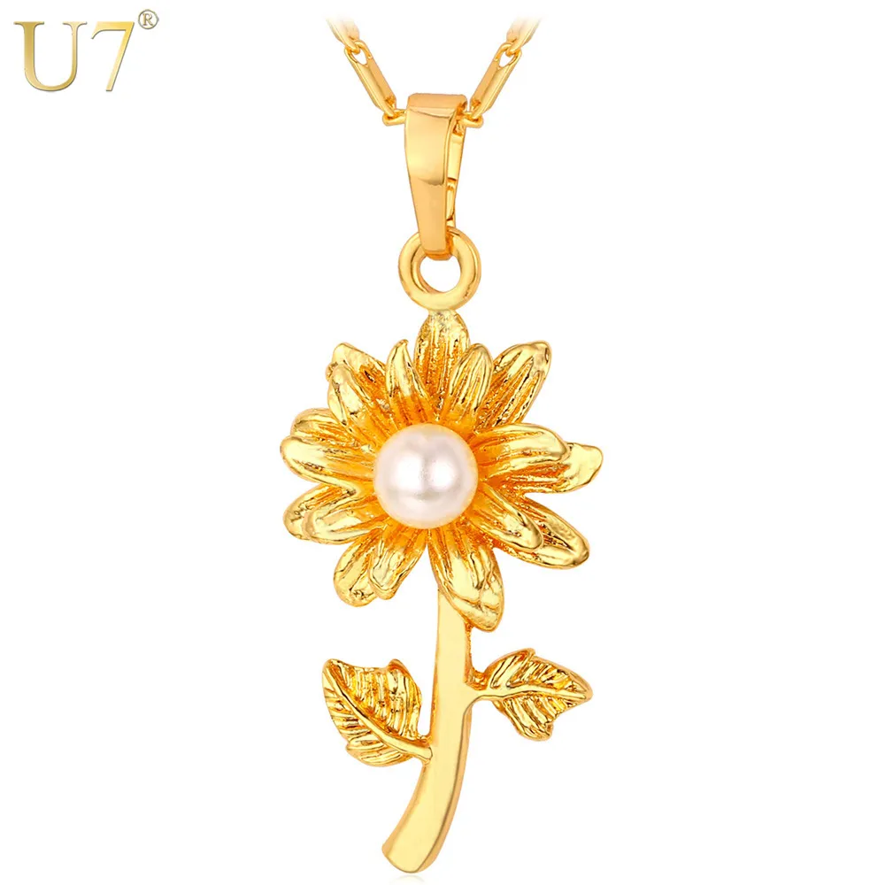 

U7 White Simulated Pearl Jewelry Flower Pendant Necklace Gold/Silver Color Necklace Women Fashion Jewelry Wholesale P678