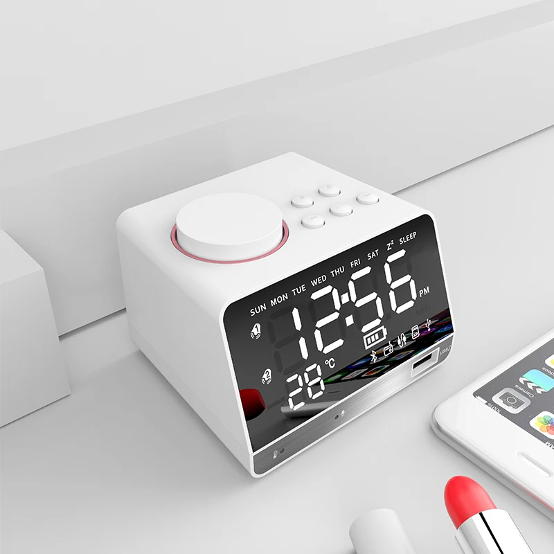 Bluetooth FM Радио Цифровой Будильник Электронный беспроводной Вызов светодиодный дисплей despertador бас динамик настольные часы современный стиль - Цвет: White