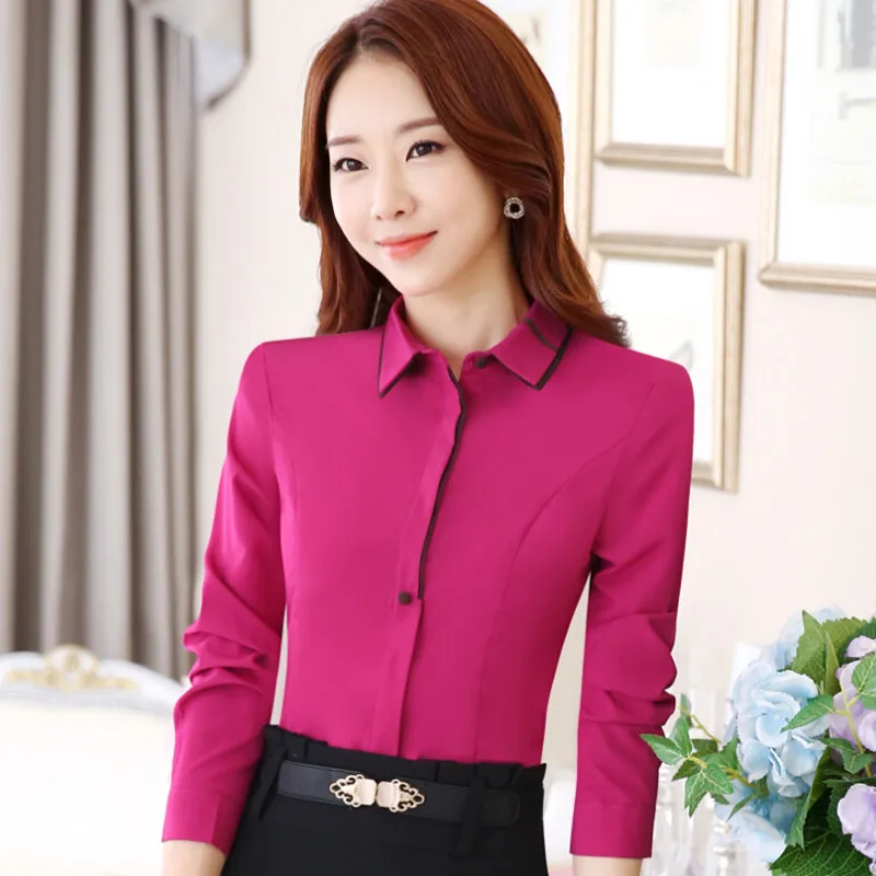 Rose Black edge Демисезонный в Корейском стиле Длинные рукава Женская рубашка темперамент элегантный тонкий Простой шифоновая блузка OL женские офисные размера плюс верхние части работы - Цвет: Rose Black edge