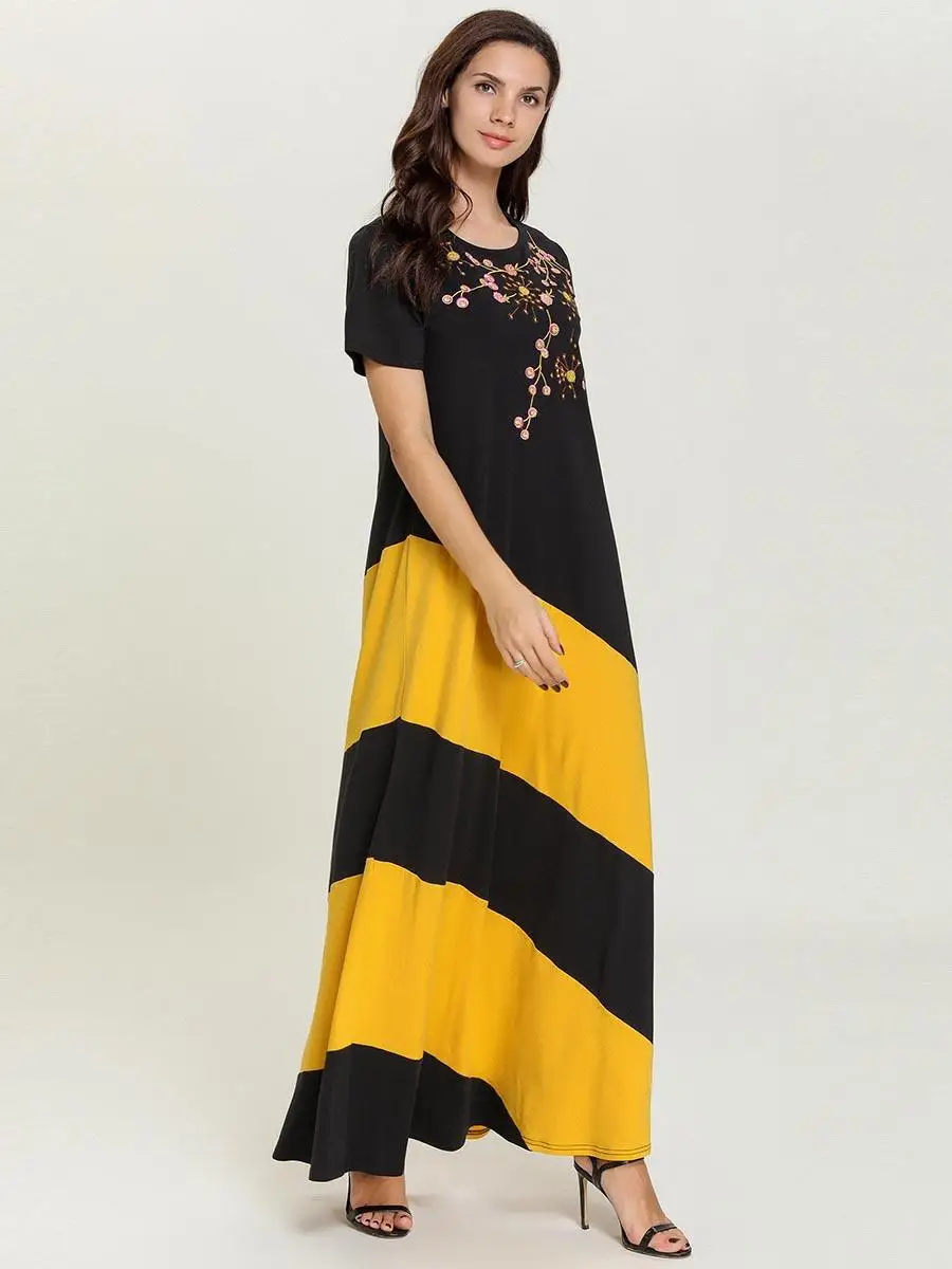 Летнее женское мусульманское этническое платье с коротким рукавом длинное