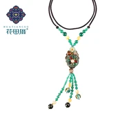 ethnic taseel handmade lotus root pendant necklace shell petal colored glass beads flower teardrop green stone jewelry cl 17121