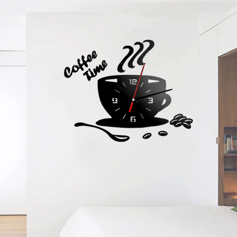 3D Diy Coffee Time Clock Acrylic Wall Clock Modern For Kitchen Home Decor Cup Shape Wall Sticker Hollow Numeral Clock