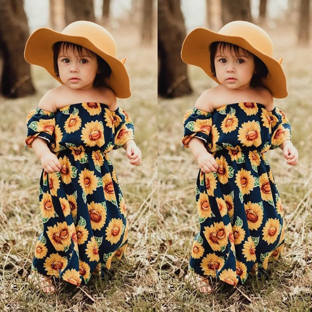 Children Kids Baby Girls Sleeveless Off Shoulder Sunflower Print Floral Dress Infant Outfit Vestido Menia Bohemian Dresses | Детская