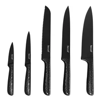 hecef hammered handle knife set of 5 stainless steel non stick black colour coating blade knives with hammered handle