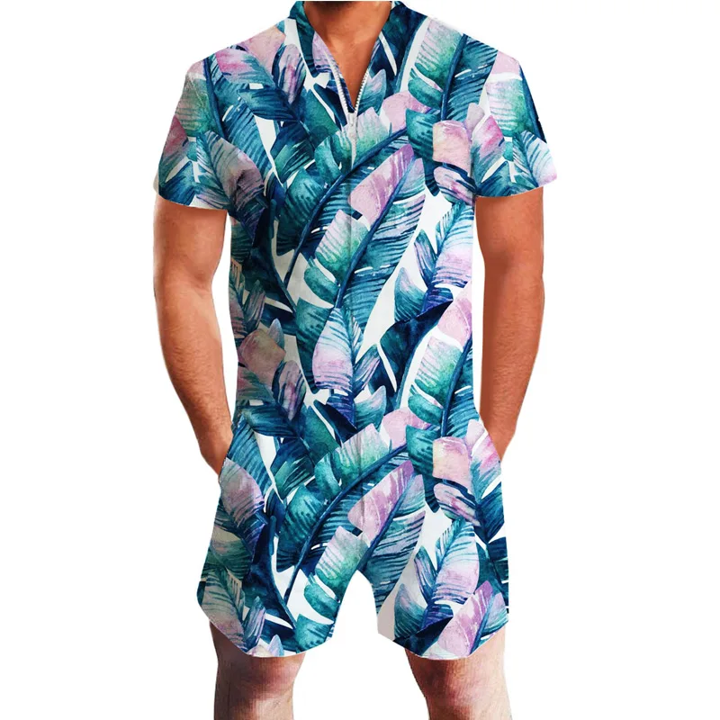 

Fashion Mens Floral Printed Jumpsuit Casual Short Sleeve Pants Rompers Summer Hawaiian Shirts&shorts Slim Coverall Bodysuits