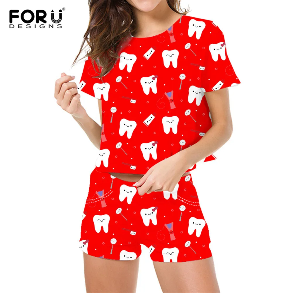 FORUDESIGNS/милые женские летние шорты, рукава, футболка и короткие штаны, принт с героями мультфильмов, принт стоматолога, женские повседневные комплекты одежды, платье, футболки - Цвет: HXA160BV-Z33