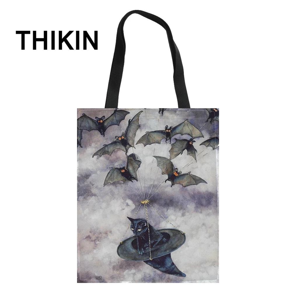 As Picture THIKIN Tote Женская Повседневная сумка с милым мультяшным цветком котом большая Холщовая Сумка на плечо Студенческая посылка для хранения книг складная сумка для покупок - Цвет: As Picture