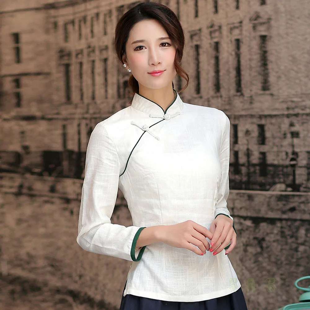 Женская льняная блузка с длинным рукавом Повседневная рубашка красного и белого