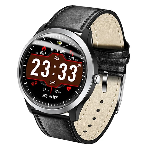 Leather black Смарт-часы для мужчин ЭКГ PPG фитнес-браслет пульсометр Монитор артериального давления водонепроницаемые Смарт-часы для Android Ios xiaomi iphone - Цвет: Leather black