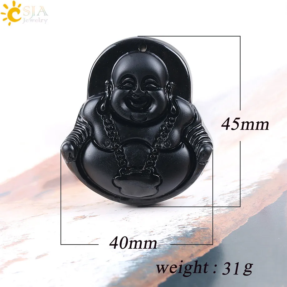 Laughing Buddha CSJA натуральный драгоценный камень черный обсидиан Будда Кулон Резные слон Дракон Амулет Лаки для исцеления чакр с помощью рейки мужские ювелирные изделия E619 - Окраска металла: Laughing Buddha