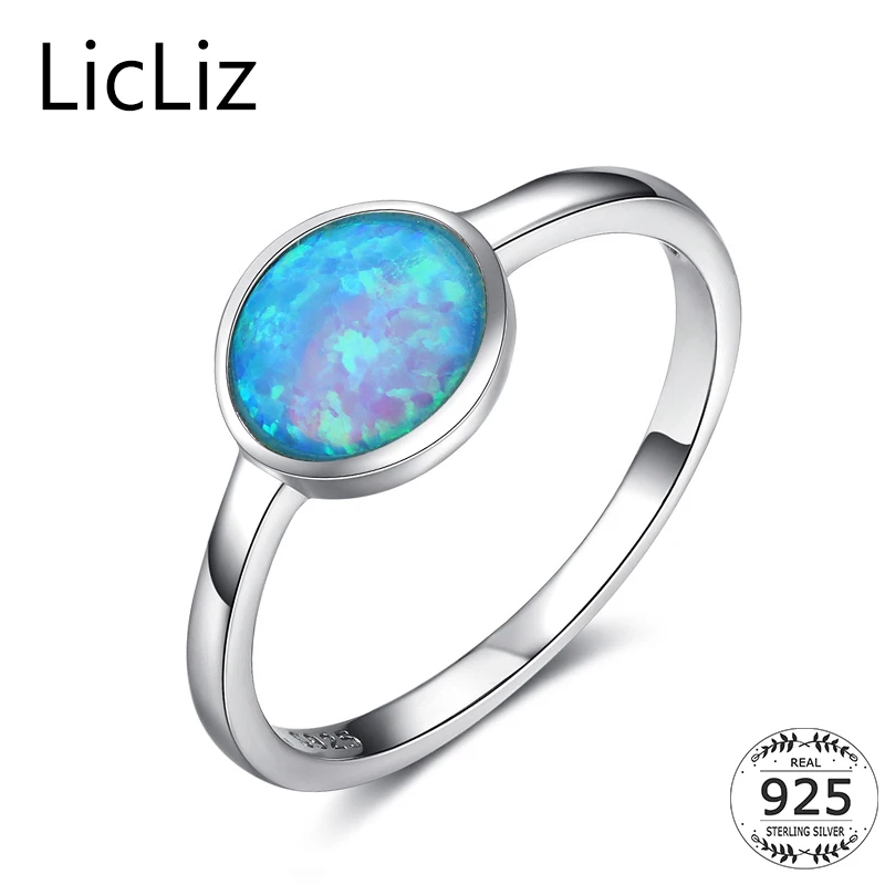 

LicLiz 925 Sterling Silver Rings Finger Women Blue Opal Ring Engagement Gemstone Solitaire Wedding Band Cocktail Ring LR0359