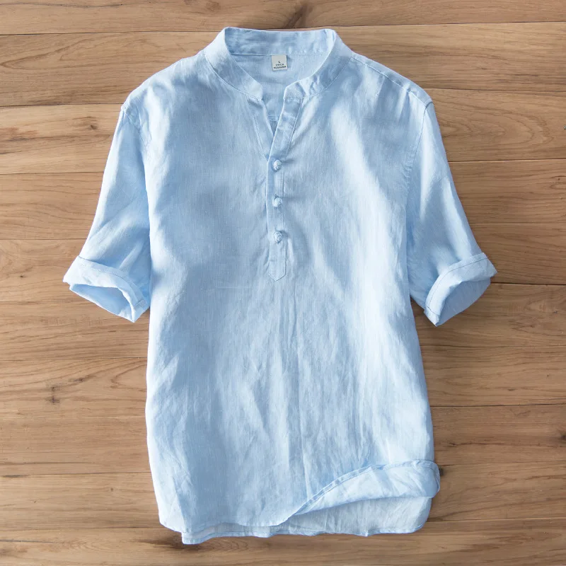 Чисто льняные рубашки для мужчин пуловер с коротким рукавом Мандарин ошейники