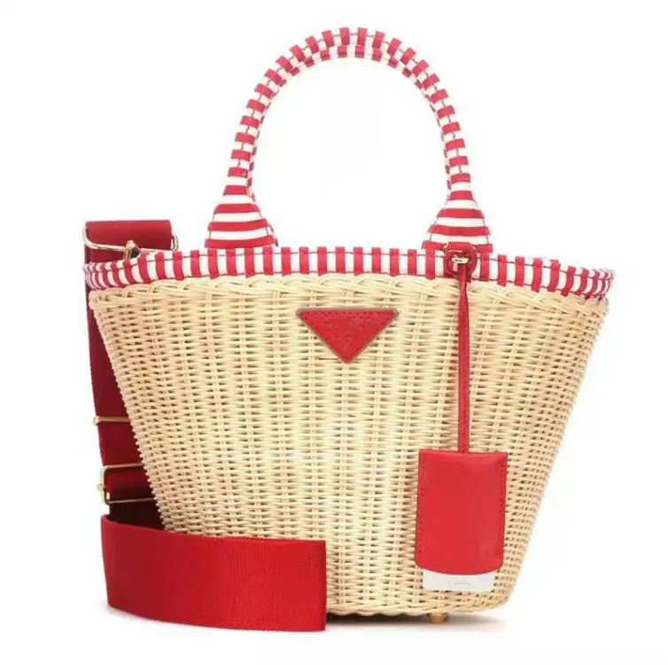 Красный Women's bag luxury handbags rattan Straw crossbody bags for women Genuine Leather beach basket bags original brand designer - Цвет: Красный