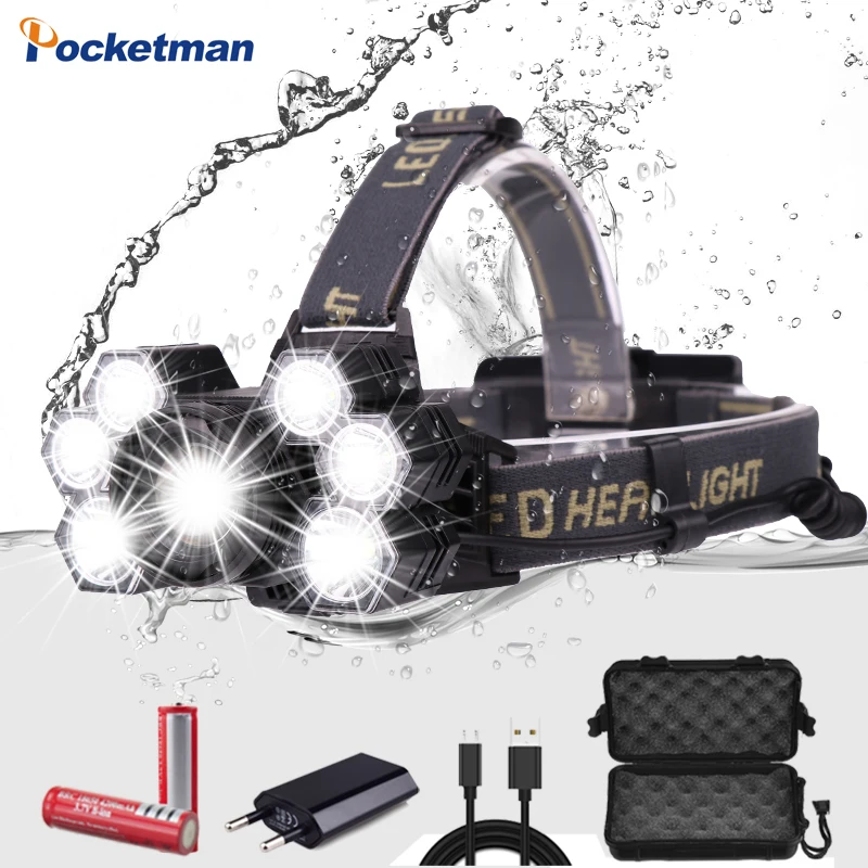 

Pocketma Headlamp 3*T6 +2*XPE LED Lamp 5-Mode Zoomable Headlight USB Charger Head Torch Fishing Camping Flashlight 18650 Battery