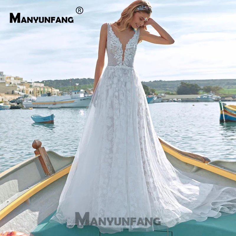 Сексуальное платье с глубоким v-образным вырезом, цвета слоновой кости, Vestidos De Novia, цельное кружевное платье, часовня, шлейф, Weding,, горячая Распродажа, свадебное платье-бохо