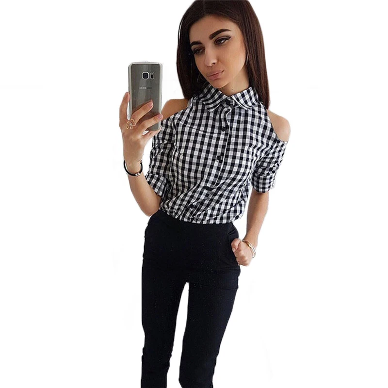 Женская Повседневная рубашка в клетку с длинными рукавами и открытыми плечами на