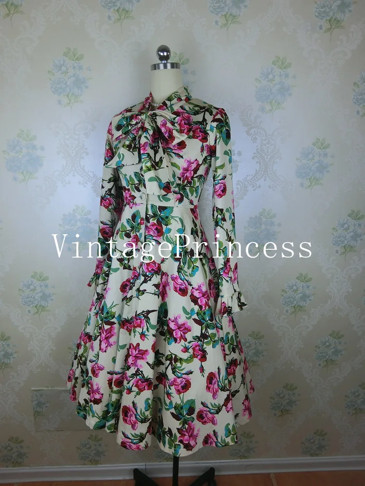 Женское винтажное платье рубашка средней длины с цветочным принтом и длинным