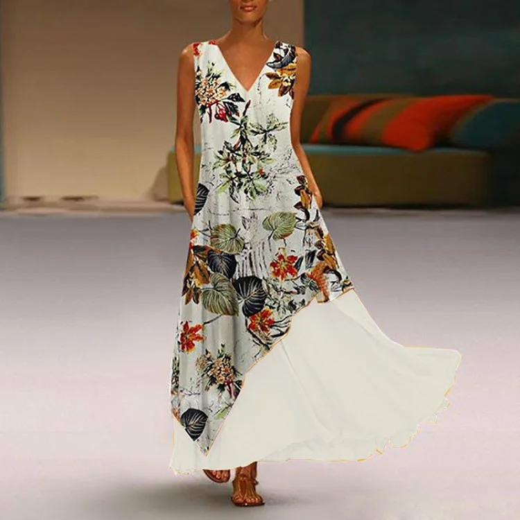 04 White ELSVIOS Boho Для женщин с v-образным вырезом Цветочный принт вечерние платье летнее платье для причастия с оборками в стиле пэчворк без рукавов, длинное платье, пикантный комплект из двух предметов, комплект одежды из футболки в - Цвет: 04 White