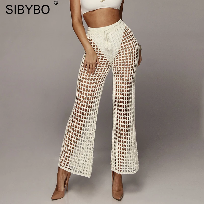 Sibybo женские белые брюки связанные крючком кружевные открытые с высокой талией сексуальные кружевные пляжные свободные мягкие широкие женские брюки