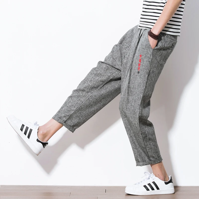 

M-5XL!!!Chinese style embroidery linen ankle length trousers male harem pants male casual skinny pants loose