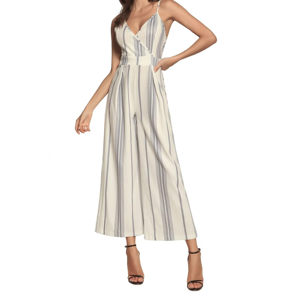 Женский полосатый комбинезон на бретелях-спагетти без рукавов с V-образным