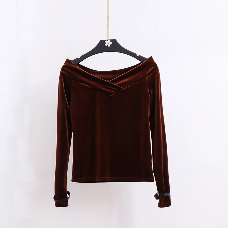 С открытыми плечами бархатная блуза рубашки осень 2017 г. Модные женские велюр