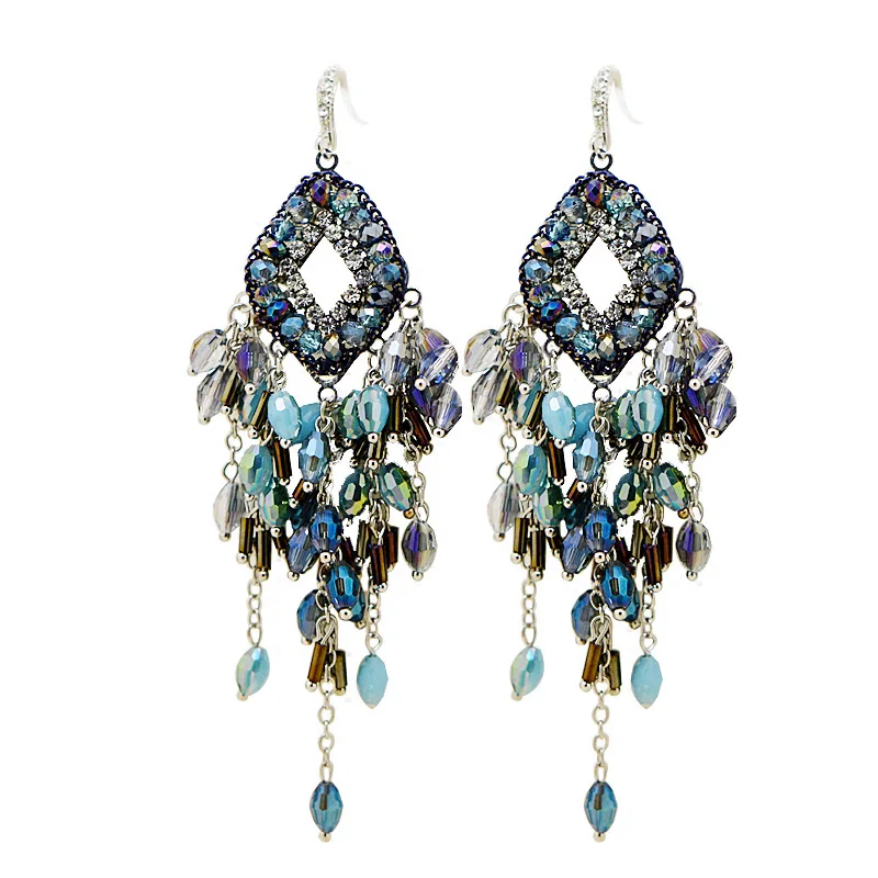 Роскошный синий кристалл кисточкой серьги из бисера для женские богемные