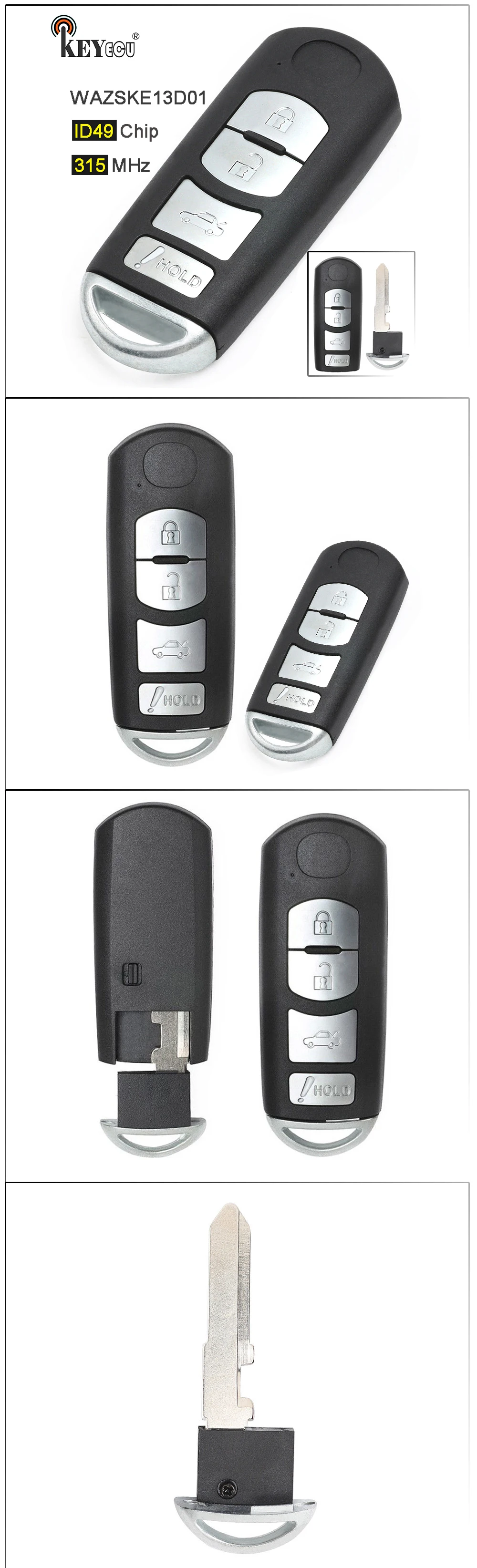 KEYECU FSK 315 МГц ID49 чип FCC: WAZSKE13D01 Замена 4 кнопки дистанционный смарт ключ-брелок для Mazda 3 6 Miata