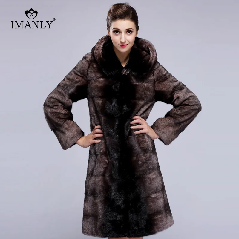 Естественная Шуба плюс размер Длинное пальто с головным убором реальной кожи