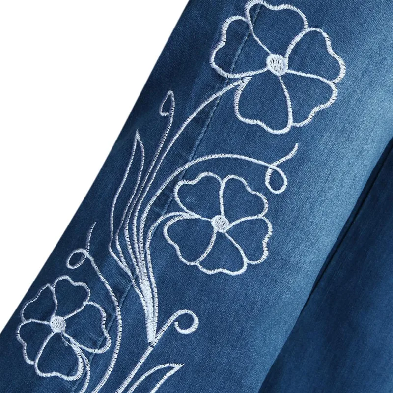 Новые стильные женские джинсы с вышивкой повседневные брюки клеш высокой талией