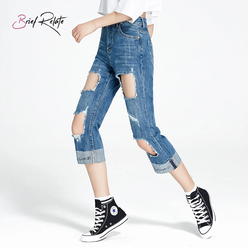 Короткие джинсы женские шикарные широкие брюки девять длины средней талии