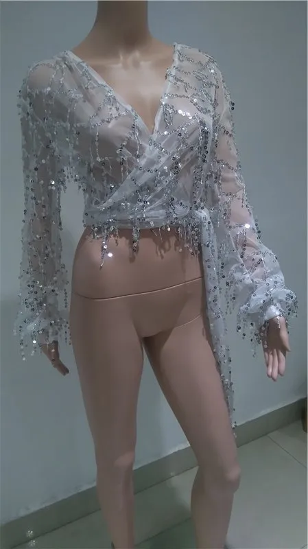 NATTEMAID осень г. Женские блестящие кимоно с блестками Blusas кимоно с бахромой Lantem длинный рукав укороченный топ с кисточками пляжное кимоно свободные - Цвет: Белый