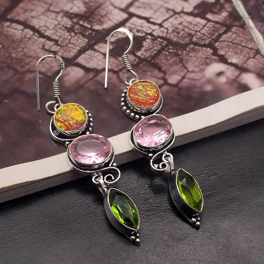 925 Sterling Silver Multi Gems Dichroic Glass Peridot Fashion Jewelry Dangle Women Earrings AK46 | Украшения и аксессуары