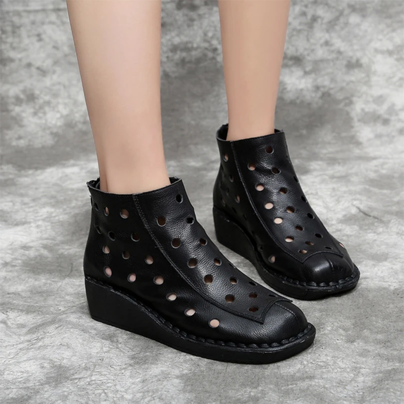 Женские ботильоны из коровьей кожи на платформе в стиле ретро черные ботинки для