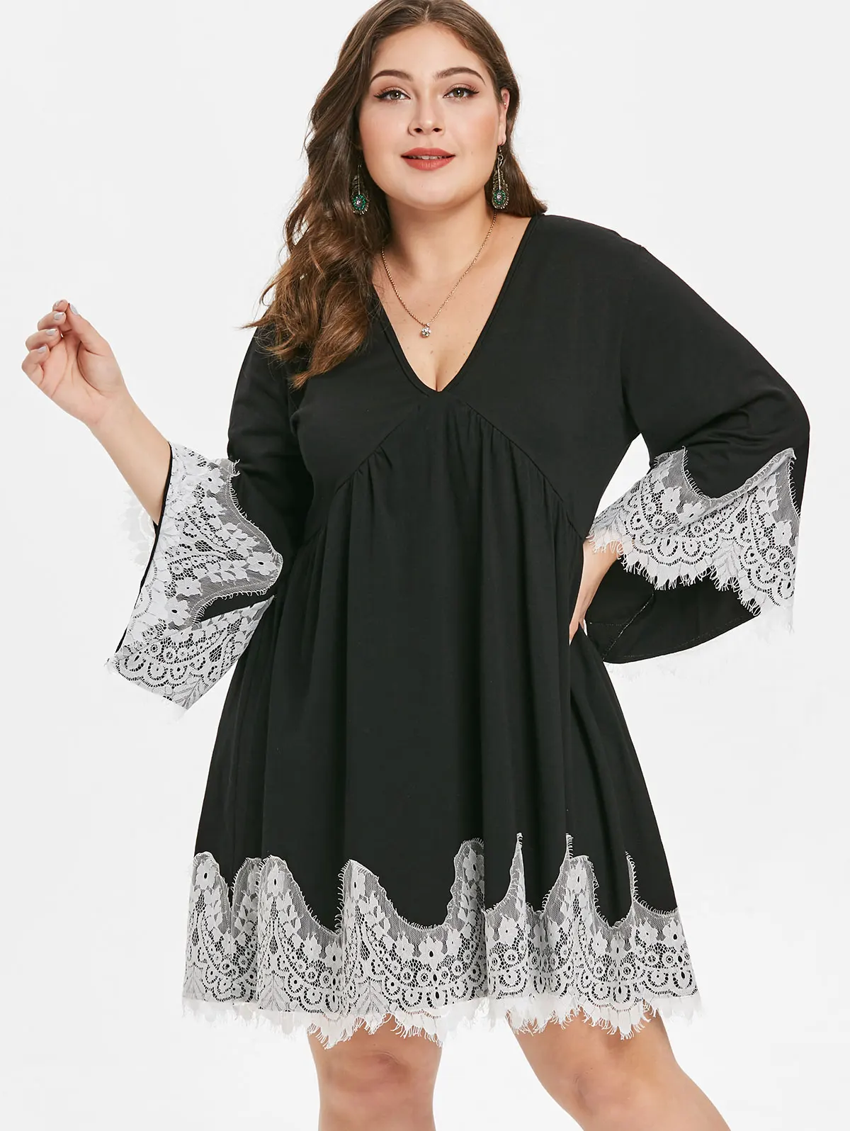 Wipalo Women Plus Size Plunging Neck Eyelash Lace Panel Shift Dress 3/4 Length Flare Sleeves Patchwork Casual Straight Vestidos | Женская