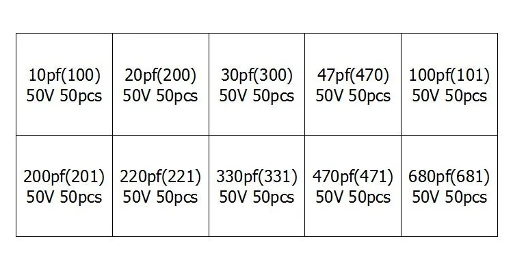10 значений 500 шт. (10pF ~ 680pF) 100 681 10pF(100) 20pF(200) 30pF(300) 47pF(470) 100pF(101) 50V керамический набор