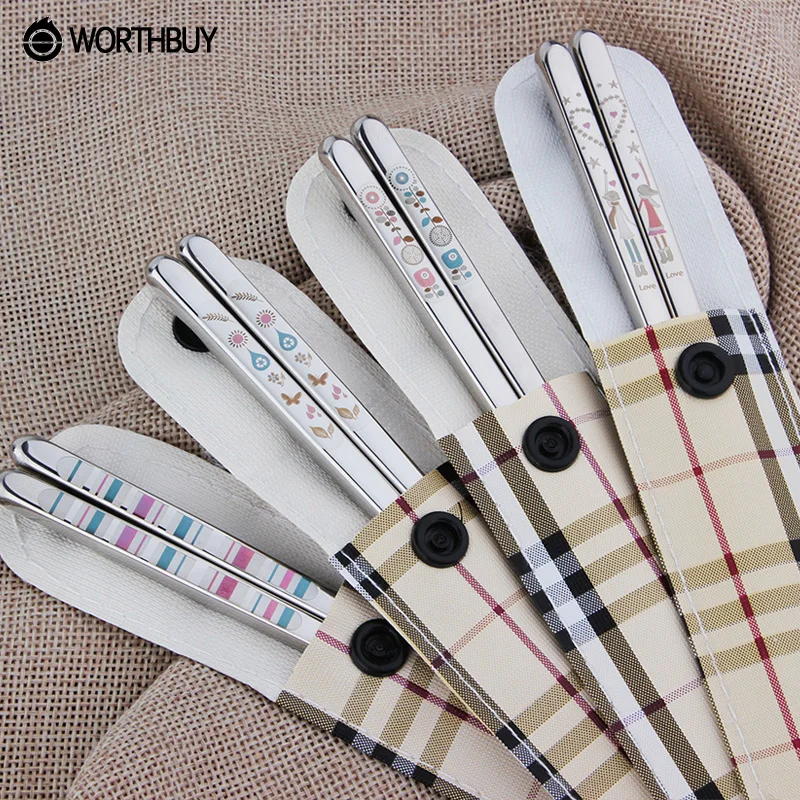 WORTHBUY 1 Pair Korean Stainless Steel Chopsticks Laser Engraving Patterns Food Sticks Portable Reusable Chopstick Sushi Hashi | Дом и сад