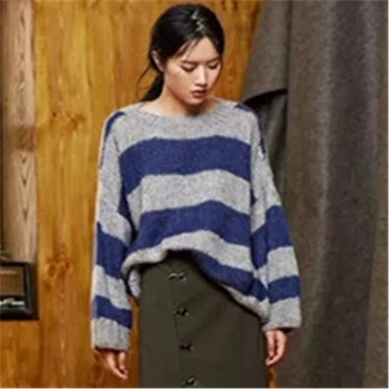 Вязаный женский свитер из 100% шерсти ручной работы свободный тонкий в полоску