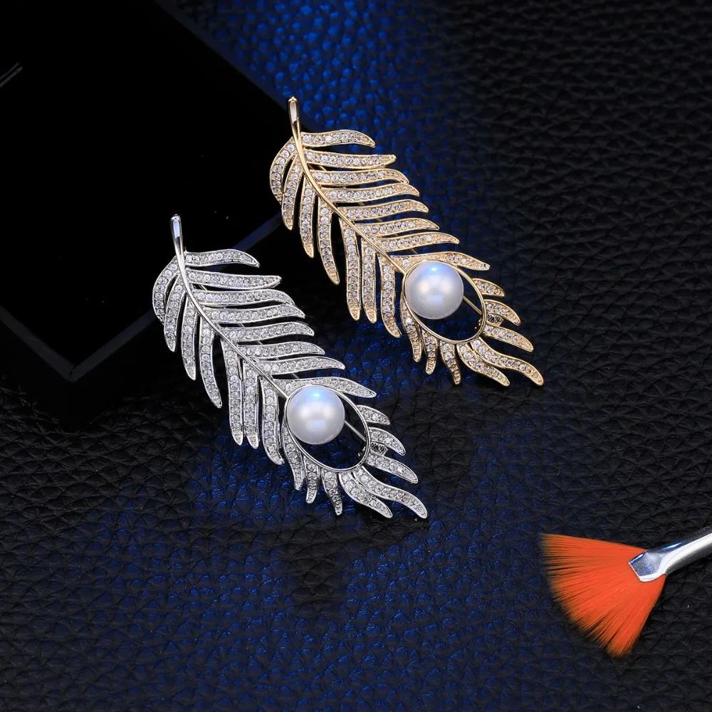 Золото Имитация Pearl тонкий лист Брошь Для женщин Длинные Кристалл листьев