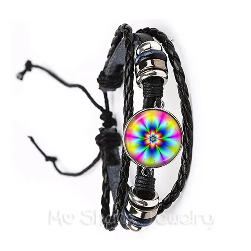 Mandala Bracelet Beautiful Flowers Glass Cabochon Black/Brown Leather Bangles For Men Women Jewelry Creative Gift Friends | Украшения и
