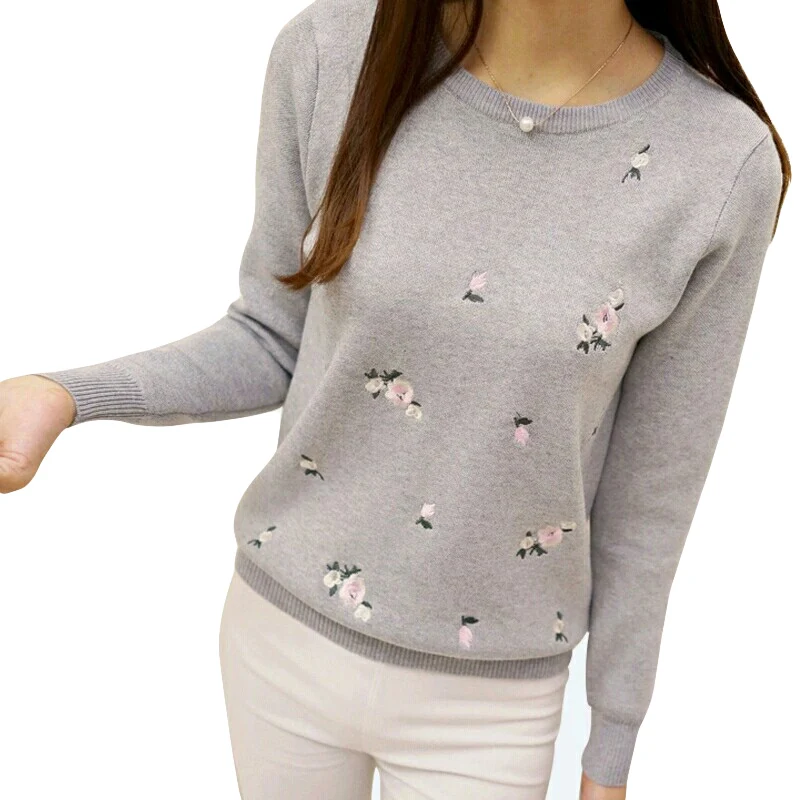 

High quality New Women Fall Winter Floral Embroidered Knitting Sweater O-neck long sleeve Warm Pullover Sweater RE0741