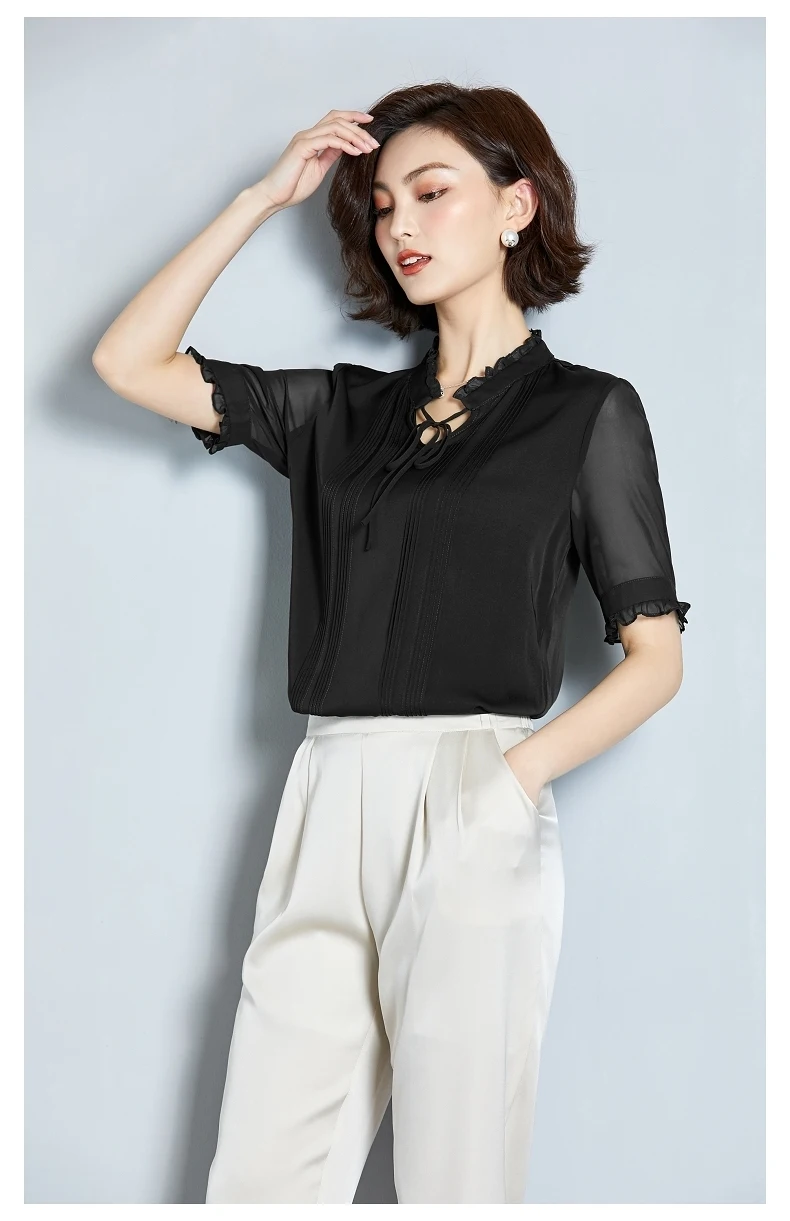 AYUNSUE, летняя мода, натуральный шелк, Blusas Mujer De Moda,, элегантная повседневная женская блузка с v-образным вырезом, женский топ с коротким рукавом S19X258