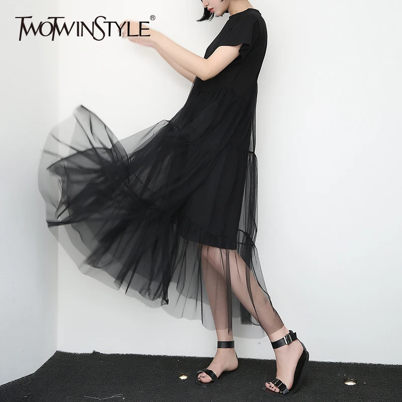 Платье с коротким рукавом TWOTWINSTYLE летнее асимметричное платье высокой талией и