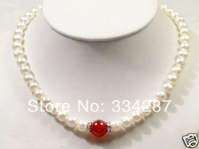 Элегантный белый культивированный жемчуг и красный нефрит ожерелье 18" - купить
