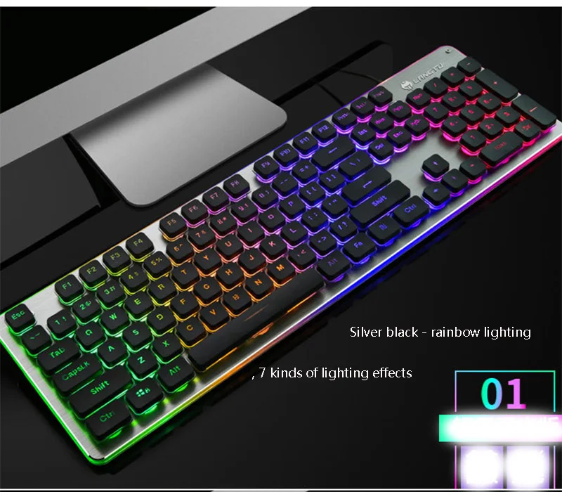 Black-Rainbow Мембранная игровая клавиатура, Красочный светодиодный подсветкой Бесшумная клавиатура для учебы, цельнометаллический Панель USB Проводная 25 Anti-ghosting компьютер - Цвет: Black-Rainbow