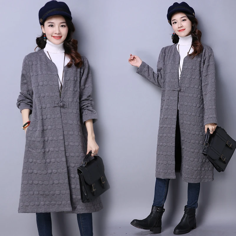 Зима негабаритный стеганый хлопок сплошной цвет длинный кардиган 2018 женское